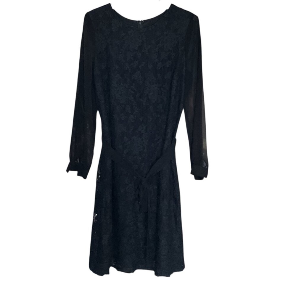 Talbots Size 14 Black Lace Body Long Sheer Chiffon Sleeve Belted Shift Dress